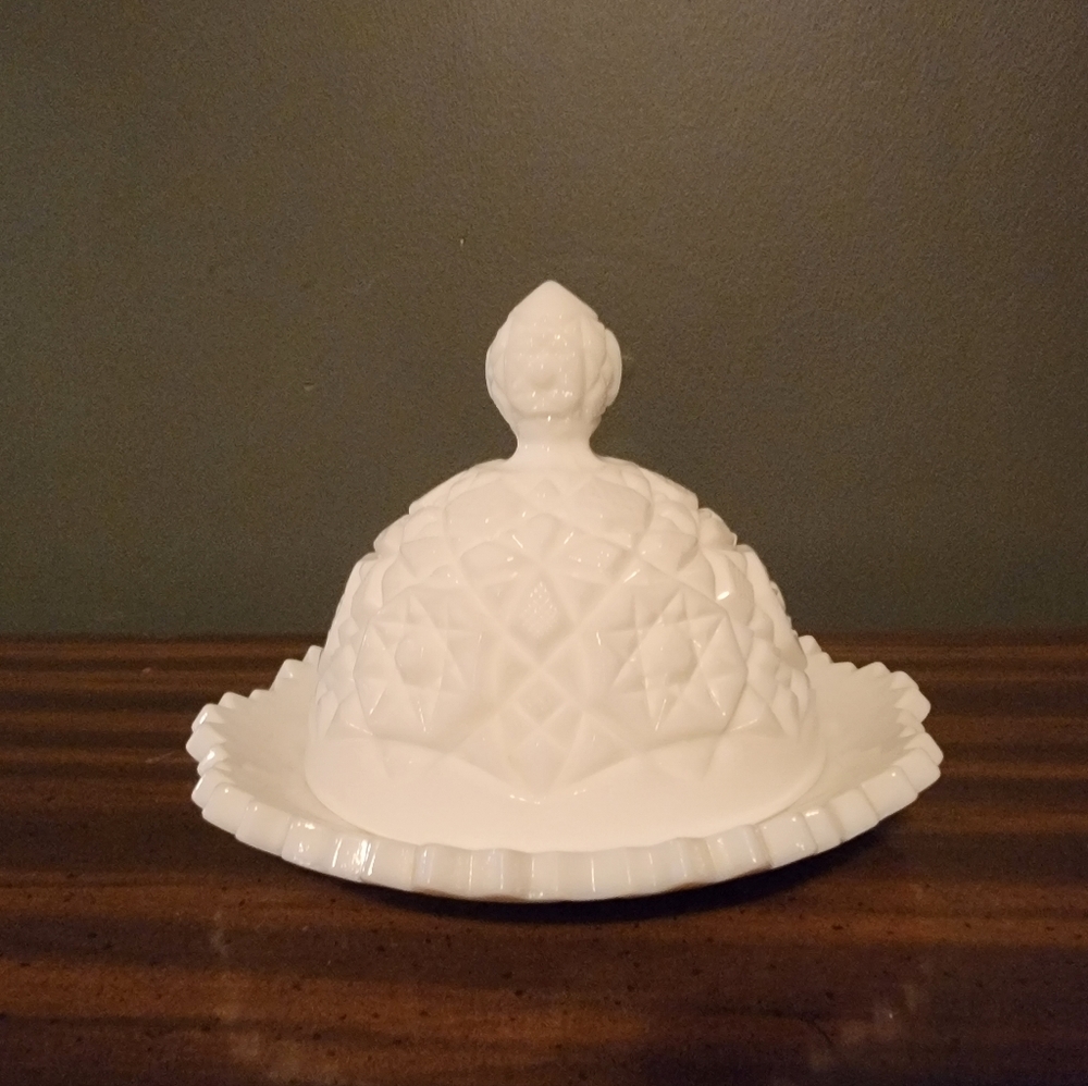 Vintage Milk Glass Star Pattern Covered Dish